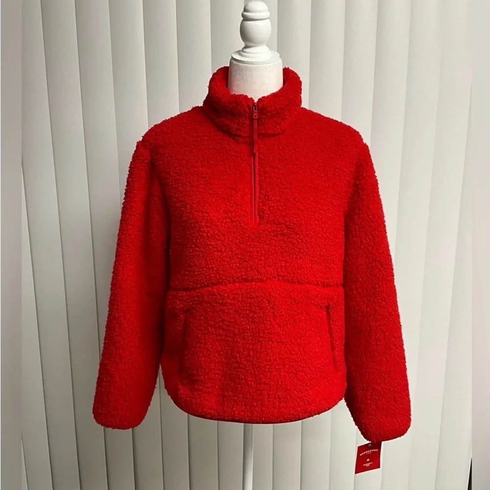 Wondershop Men’s Faux Shearling Half Zip Pullover Red Winter Wardrobe - Picture 1 of 11